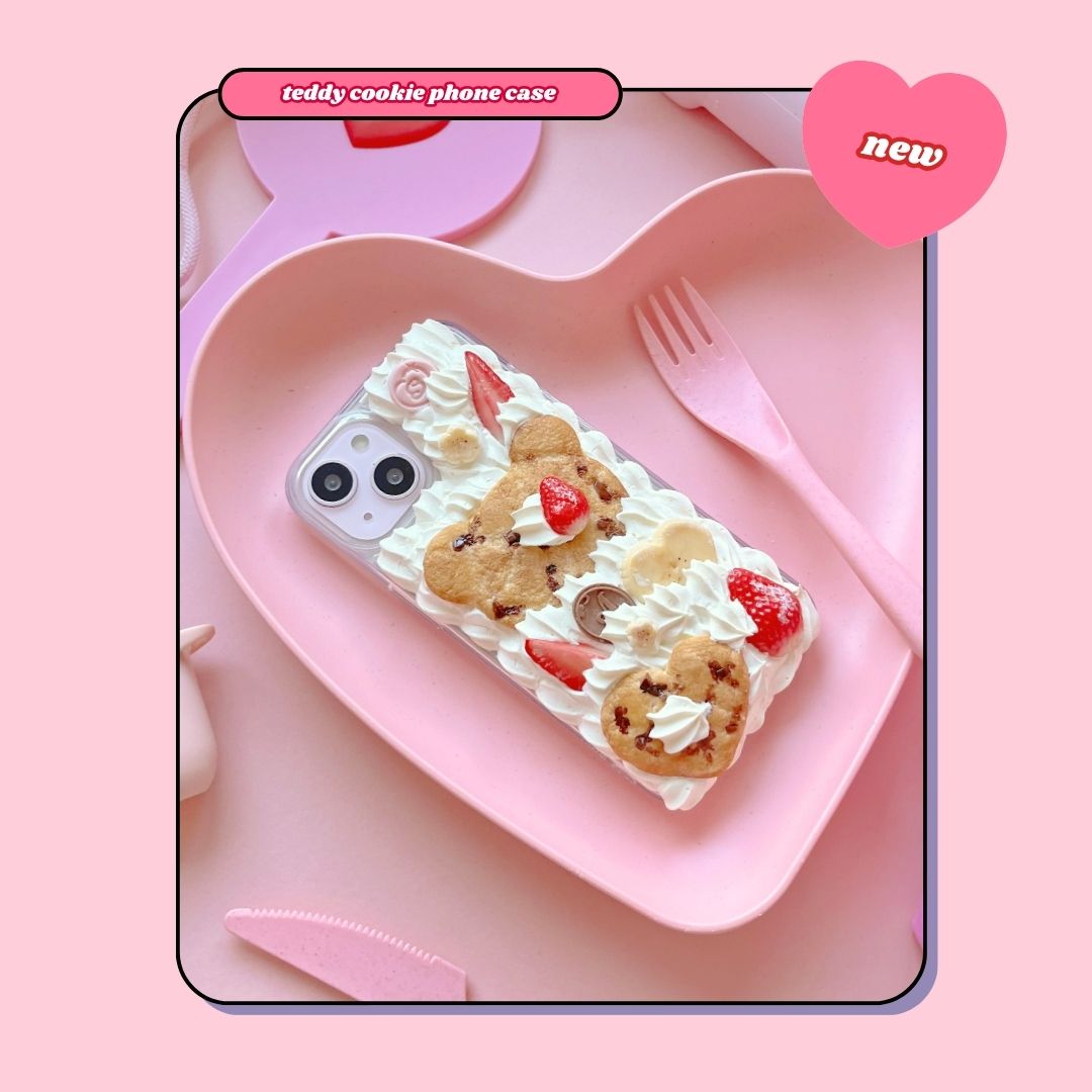 teddy bear and heart shaped chocolate chip cookie decoden phone case with strawberries