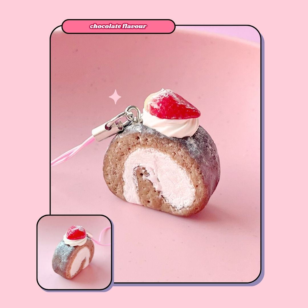 strawberry pink whipped cream Swiss roll cake keyring with lobster clasp