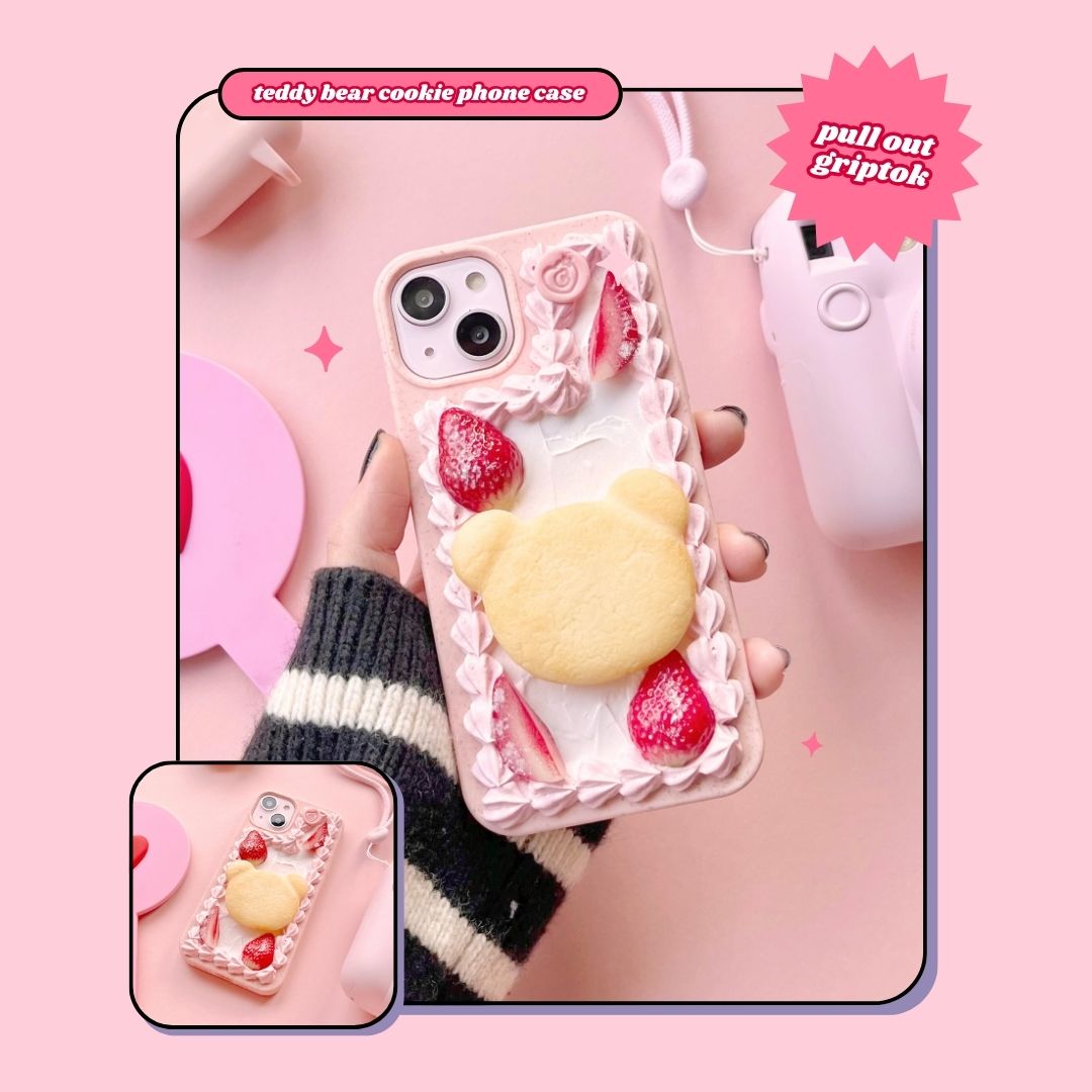 strawberry pink cream teddy bear butter cookie pull out grip decoden phone case