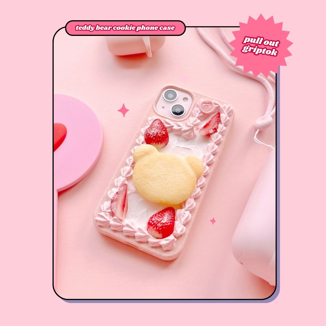 strawberry pink cream teddy bear butter cookie pull out grip decoden phone case