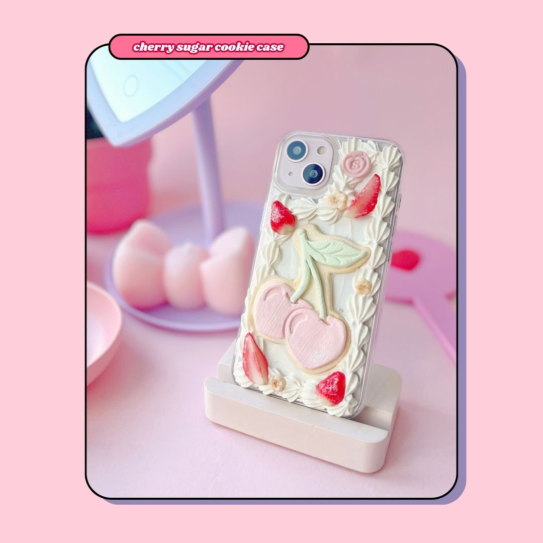 heart cherry shaped sugar cookie decoden phone case with strawberries