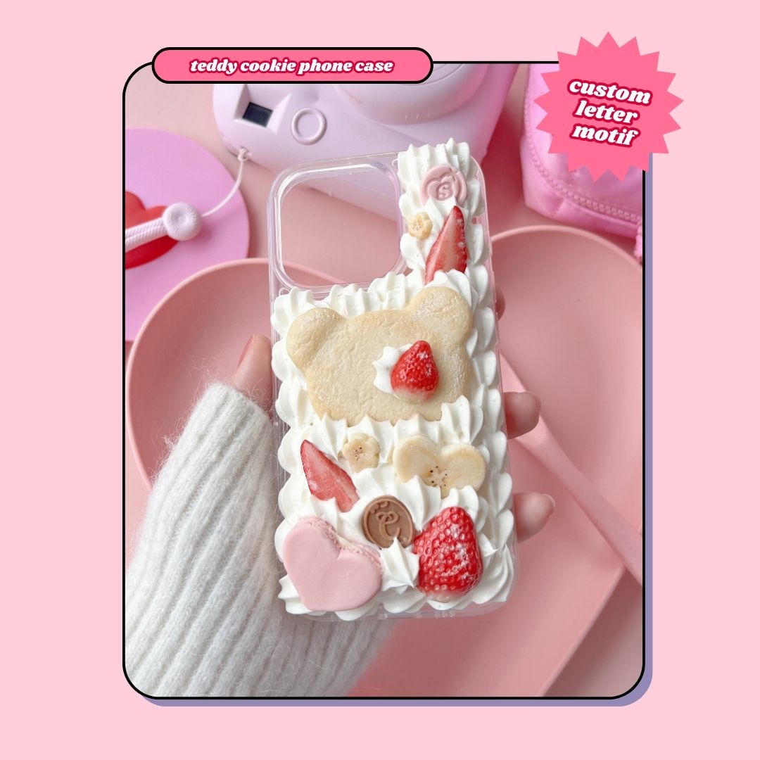 teddy bear cookie decoden phone case with heart shaped macaron and custom letter chocolate