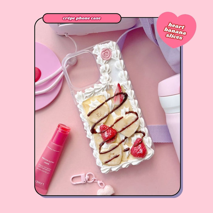 crêpe pancake phone case with heart shaped bananas, strawberries and chocolate drizzle