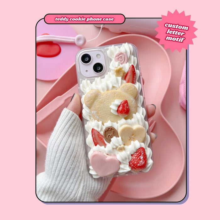 teddy bear cookie decoden phone case with heart shaped macaron and custom letter chocolate