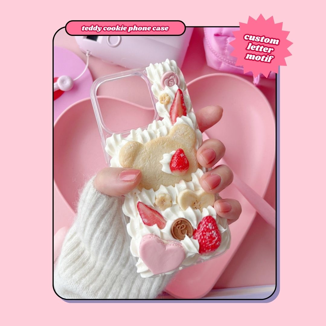 teddy bear cookie decoden phone case with heart shaped macaron and custom letter chocolate