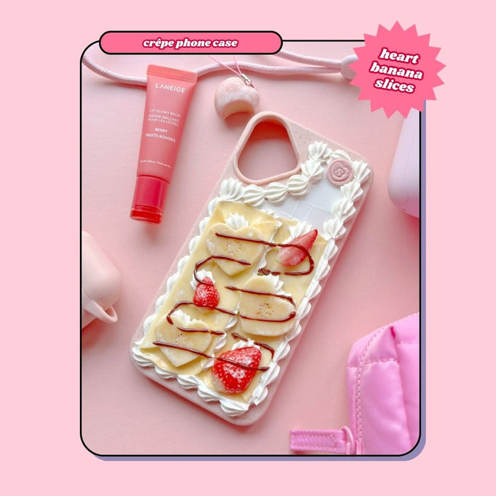 crêpe pancake phone case with heart shaped bananas, strawberries and chocolate drizzle