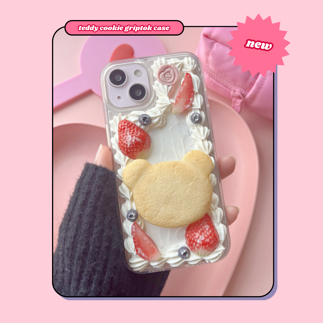 teddy bear heart butter cookie pull out griptok decoden phone case