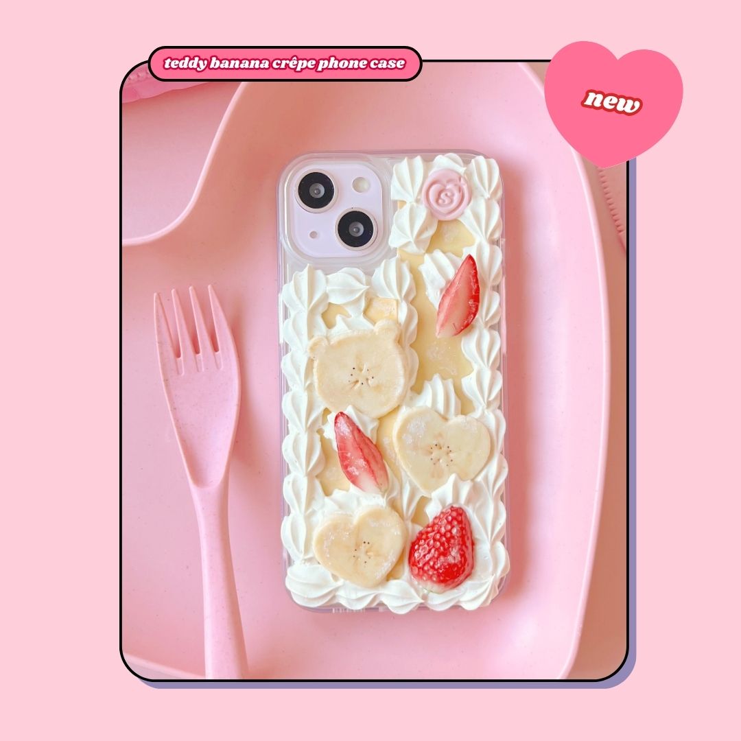 teddy banana crêpe pancake phone case with heart shaped bananas & strawberries