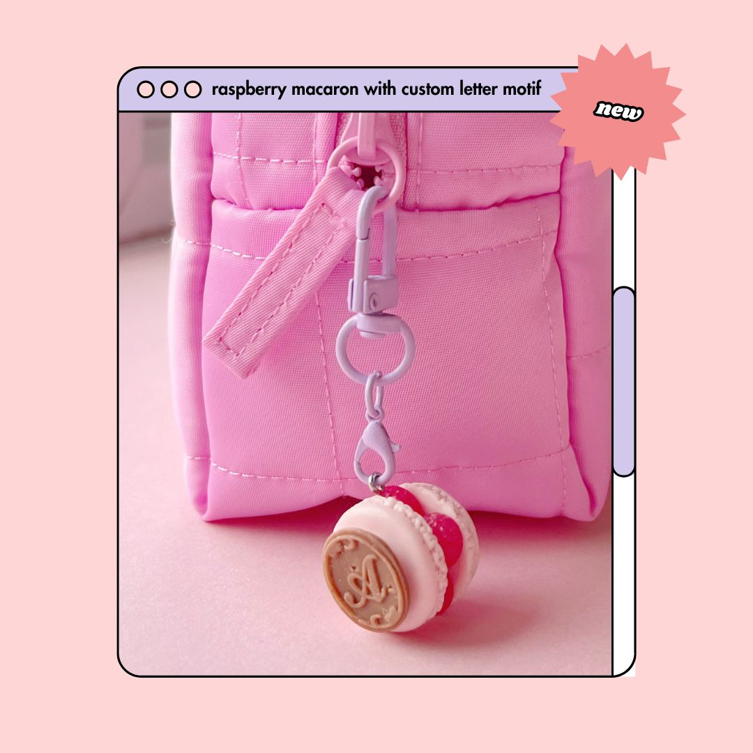 berry pink macaron keyring with custom letter chocolate motif