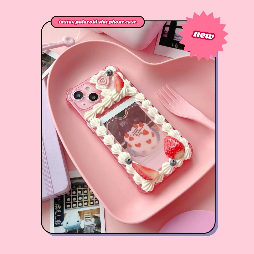 pink instax polaroid photo slot birthday cake decoden phone case with strawberries and blueberries