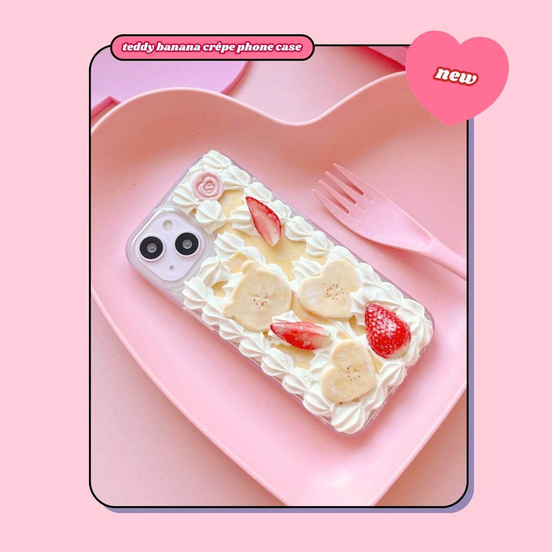 teddy banana crêpe pancake phone case with heart shaped bananas & strawberries