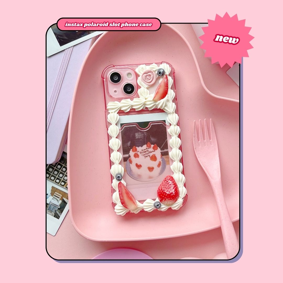 pink instax polaroid photo slot birthday cake decoden phone case with strawberries and blueberries