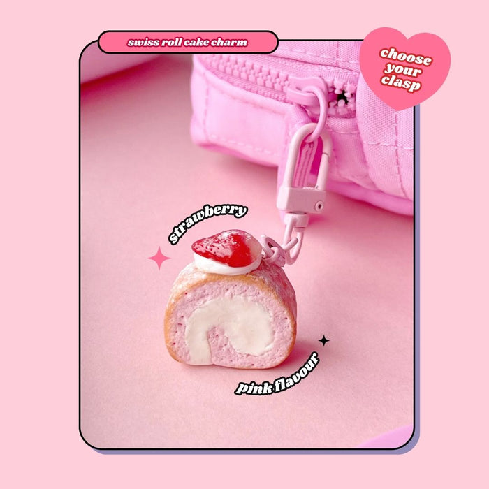 strawberry pink whipped cream Swiss roll cake keyring with lobster clasp