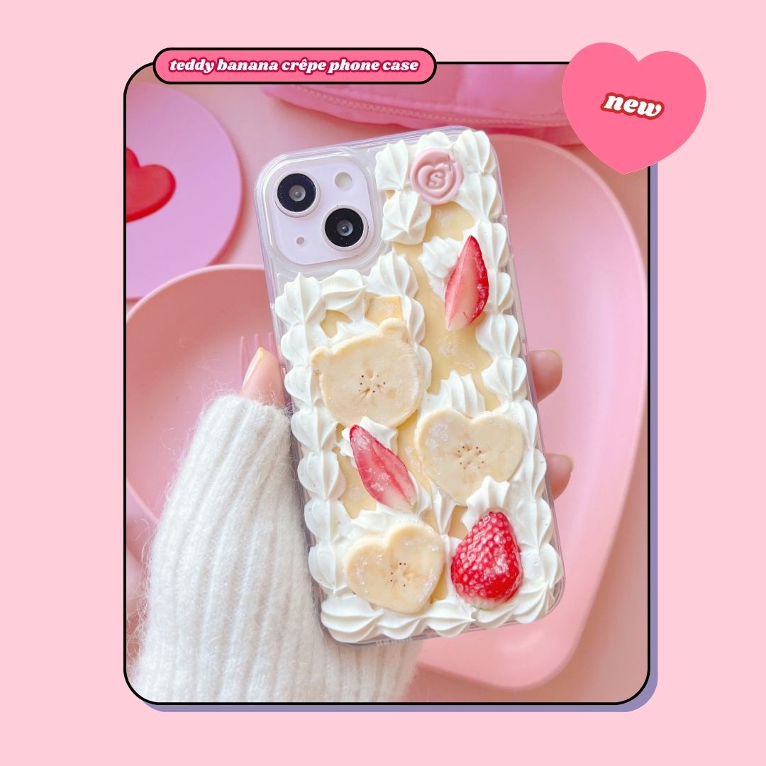 teddy banana crêpe pancake phone case with heart shaped bananas & strawberries