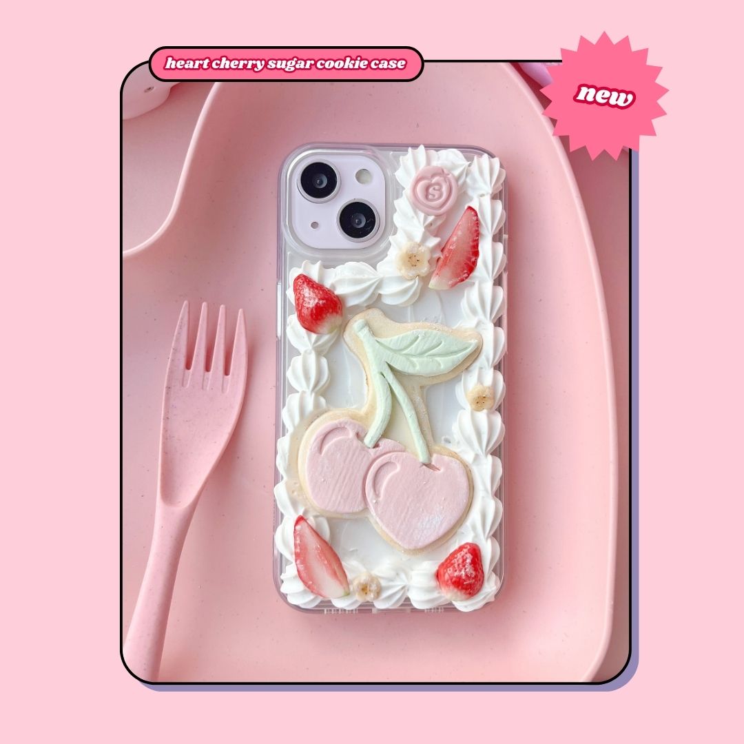 heart cherry shaped sugar cookie decoden phone case with strawberries