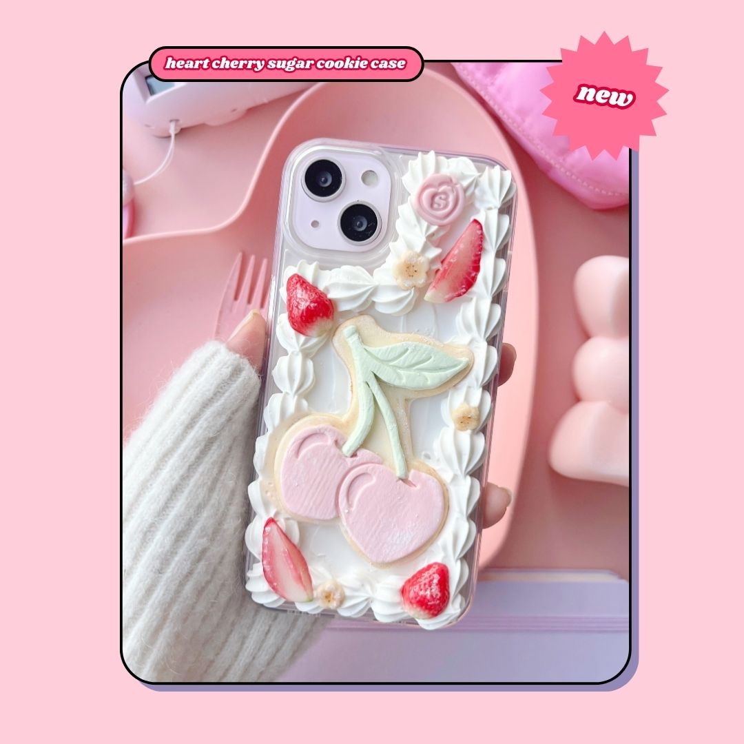 heart cherry shaped sugar cookie decoden phone case with strawberries