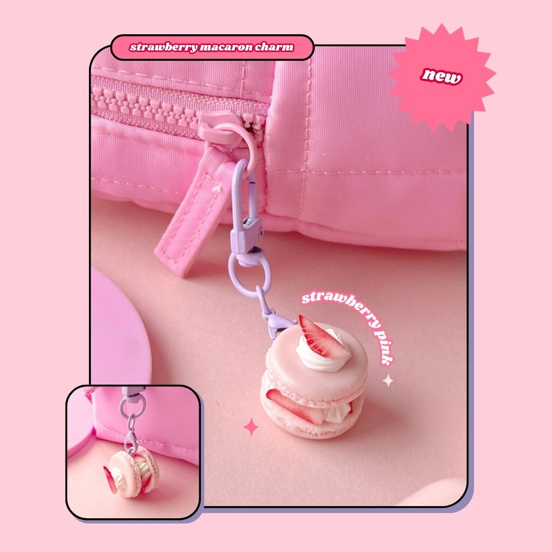 pink strawberry and whipped cream macaron keyring with lobster clasp