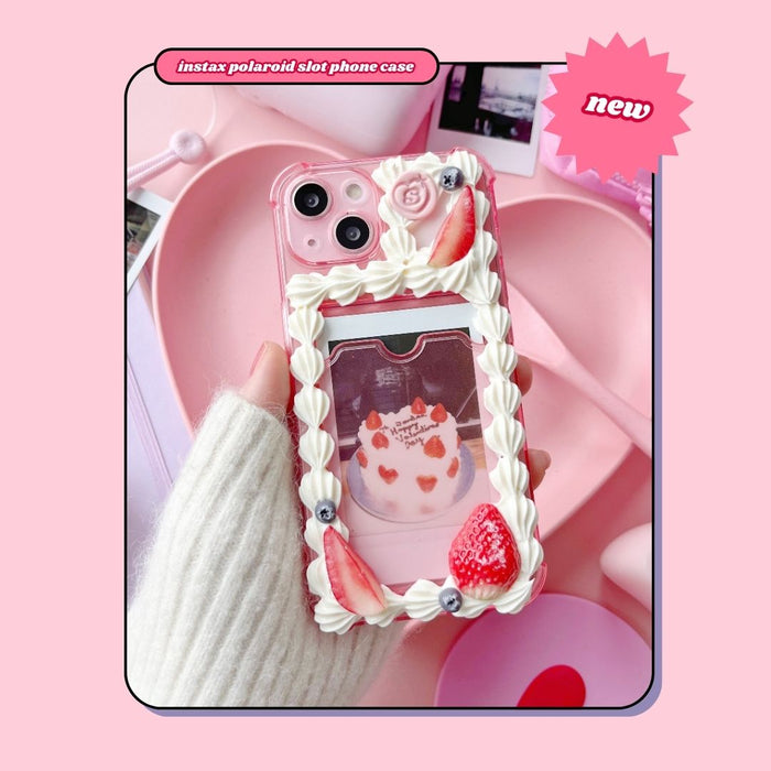 pink instax polaroid photo slot birthday cake decoden phone case with strawberries and blueberries