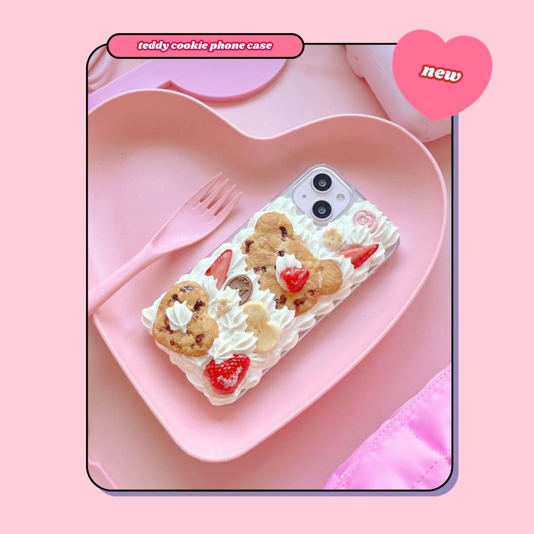 teddy bear and heart shaped chocolate chip cookie decoden phone case with strawberries