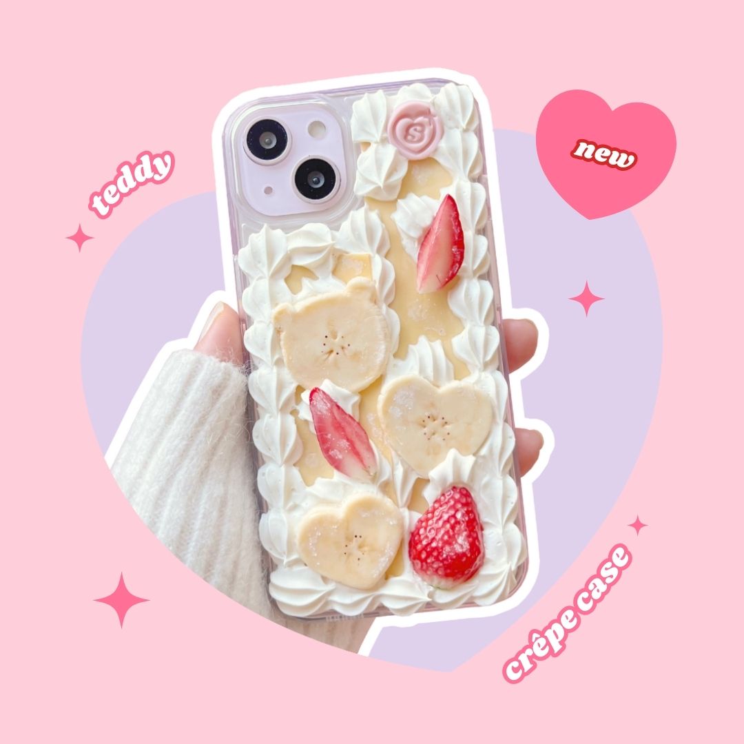 teddy banana crêpe pancake phone case with heart shaped bananas & strawberries