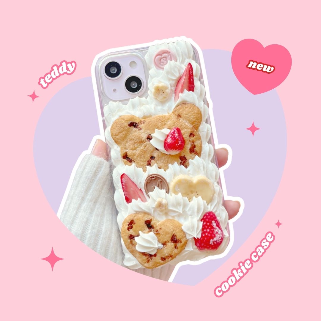 teddy bear and heart shaped chocolate chip cookie decoden phone case with strawberries