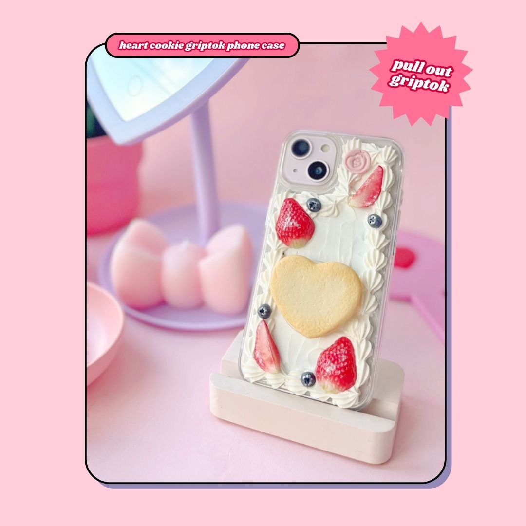 teddy bear heart butter cookie pull out griptok decoden phone case