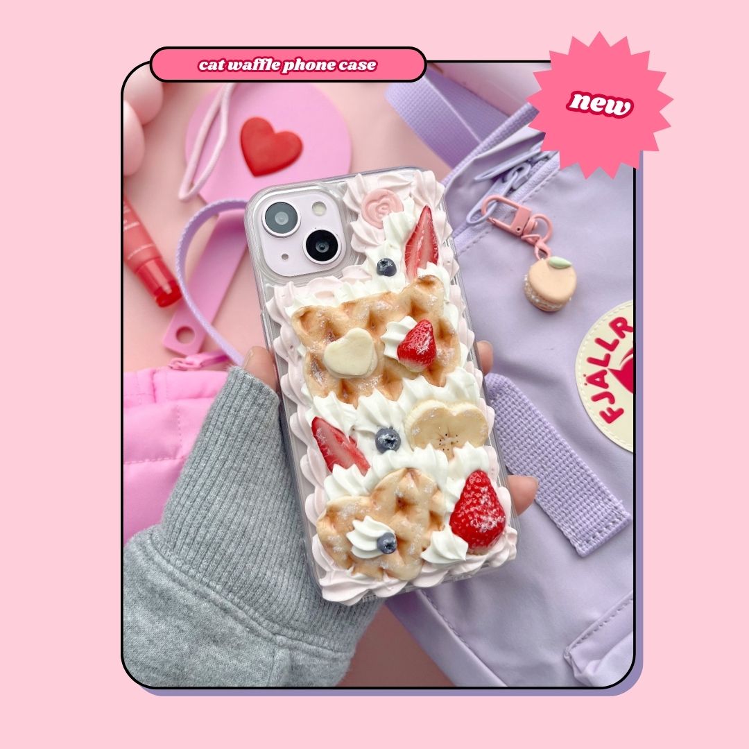 cat & heart shaped waffles decoden phone case with strawberries, blueberries and bananas