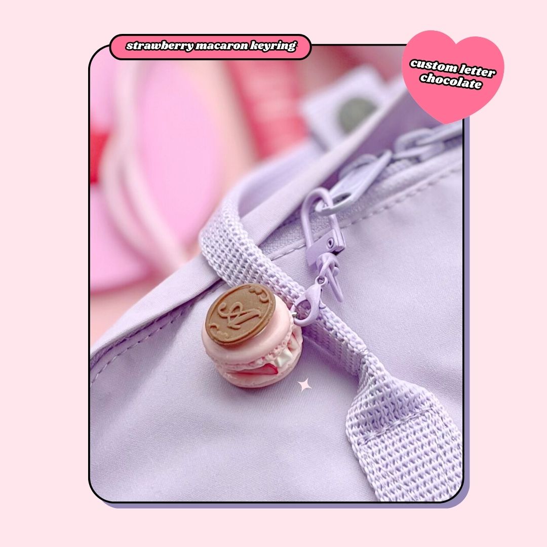 berry pink macaron keyring with custom letter chocolate motif