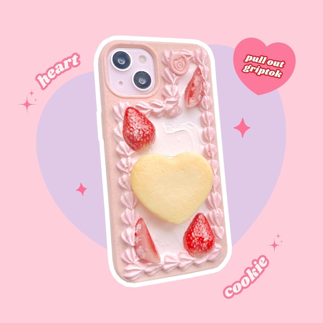 strawberry pink cream heart butter cookie pull out grip decoden phone case