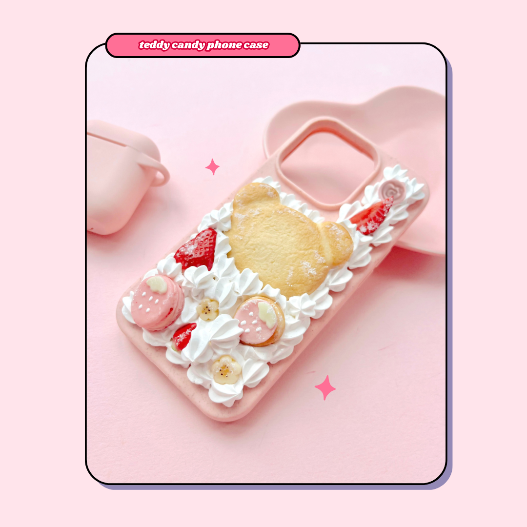 teddy bear candy sugar cookie strawberry macaron decoden phone case