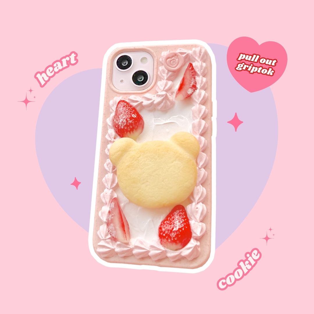 strawberry pink cream teddy bear butter cookie pull out grip decoden phone case