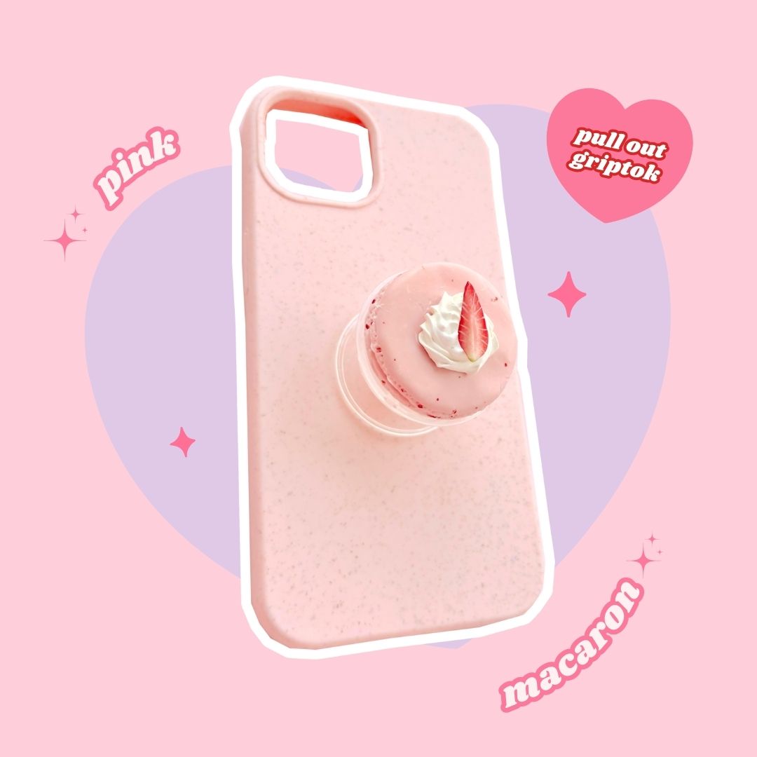 strawberry pink whipped cream macaron pull out phone grip