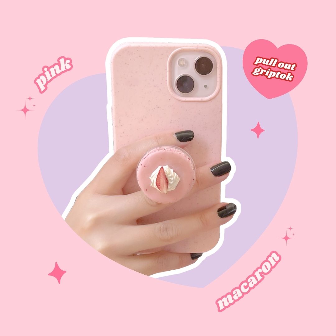 strawberry pink whipped cream macaron pull out phone grip