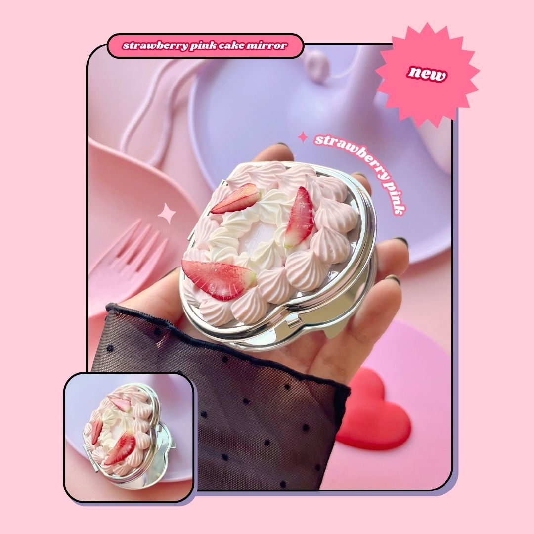 heart shaped strawberry pink cream cake compact hand mirror