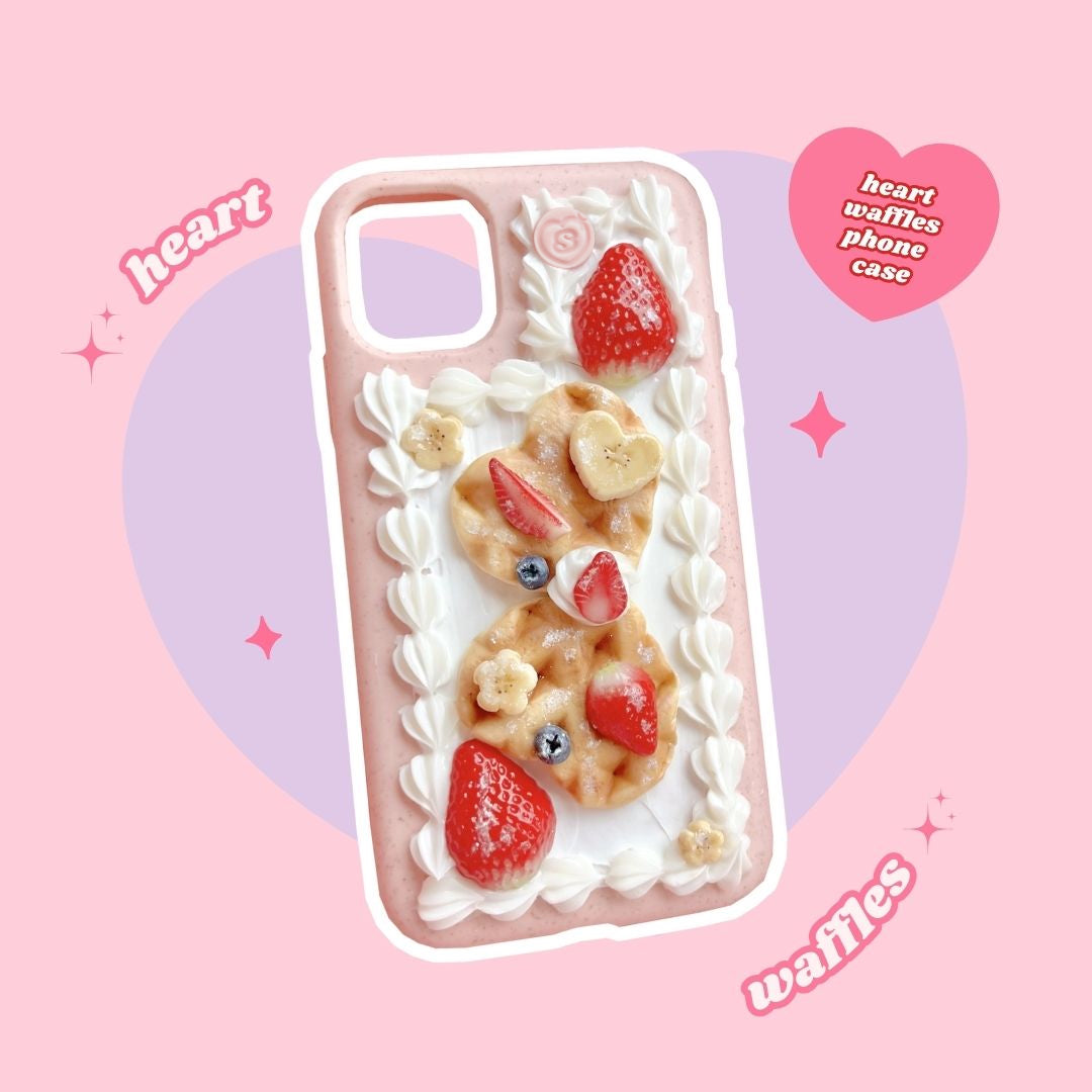 heart shaped waffles decoden phone case with strawberries, blueberries and bananas