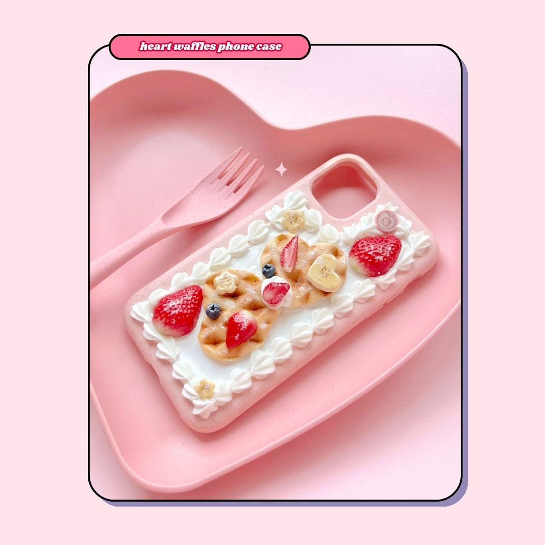 heart shaped waffles decoden phone case with strawberries, blueberries and bananas