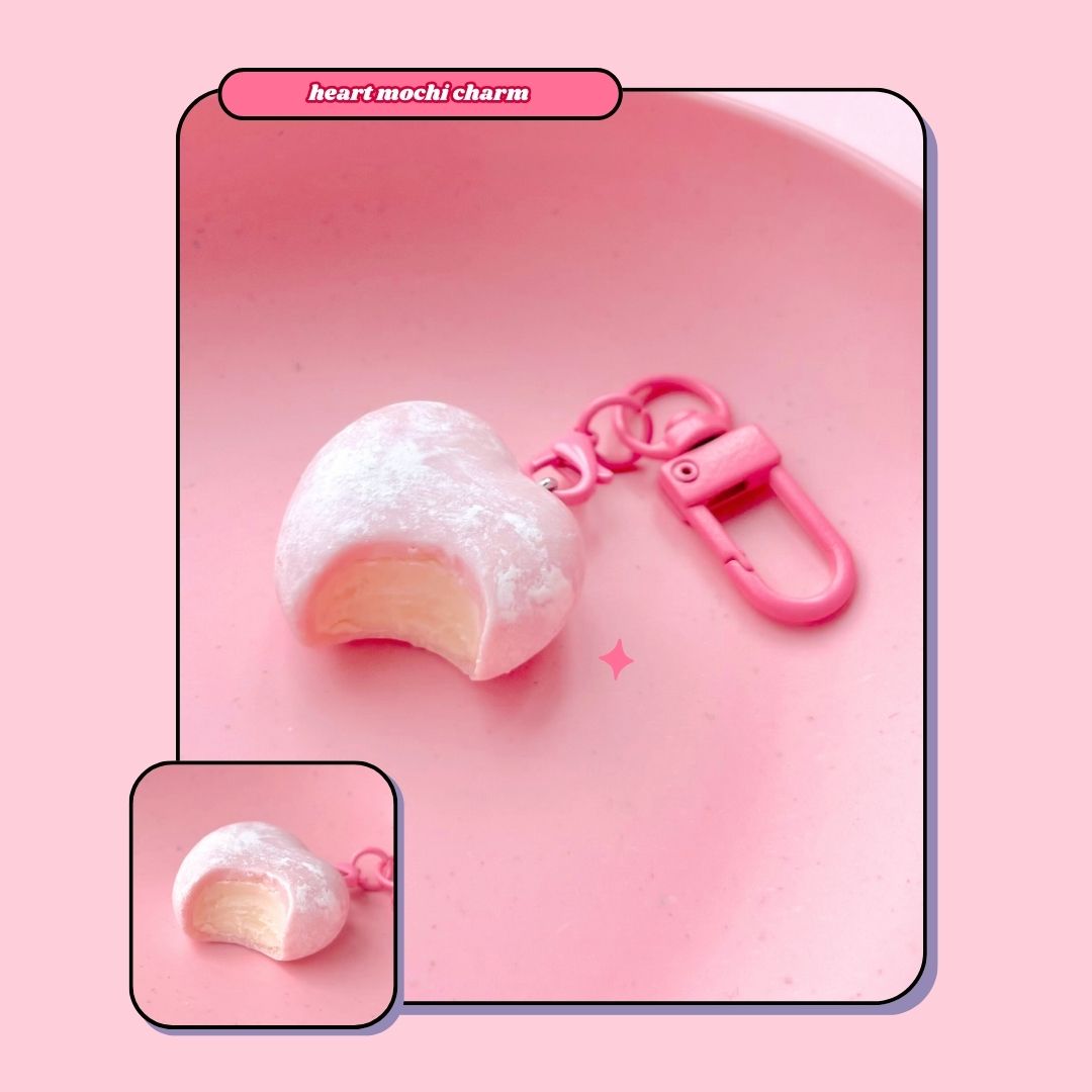 heart shaped sakura pink ice cream mochi keyring with lobster clasp