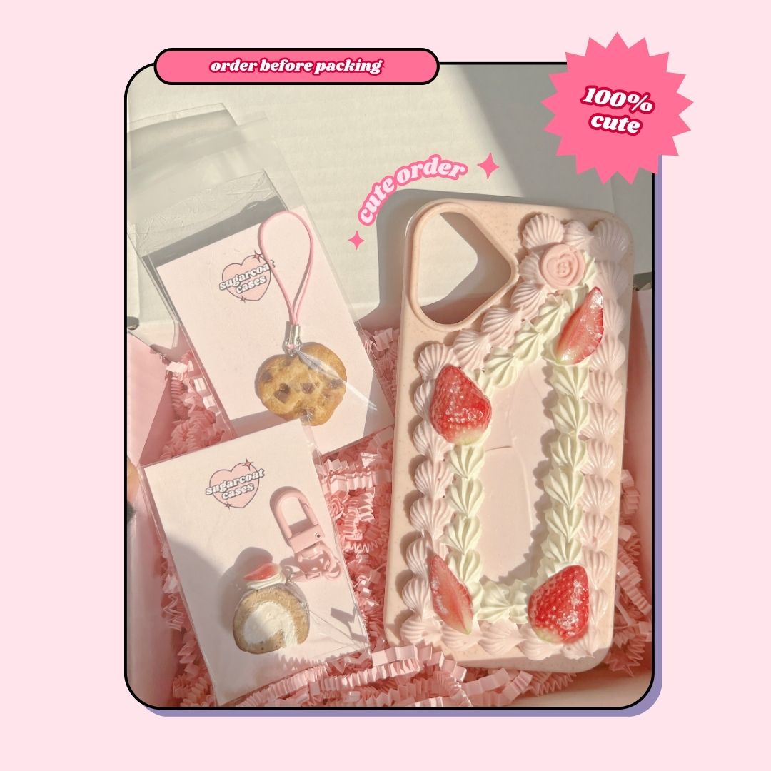 heart cherry shaped sugar cookie decoden phone case with strawberries