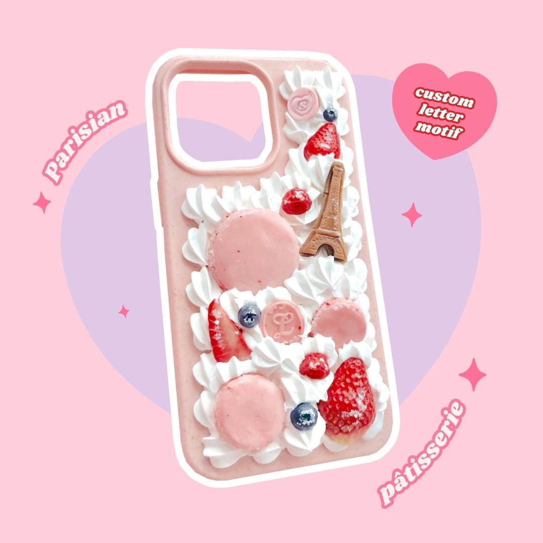 parisian pâtisserie décoden phone case with chocolate Eiffel Tower and strawberry macaron