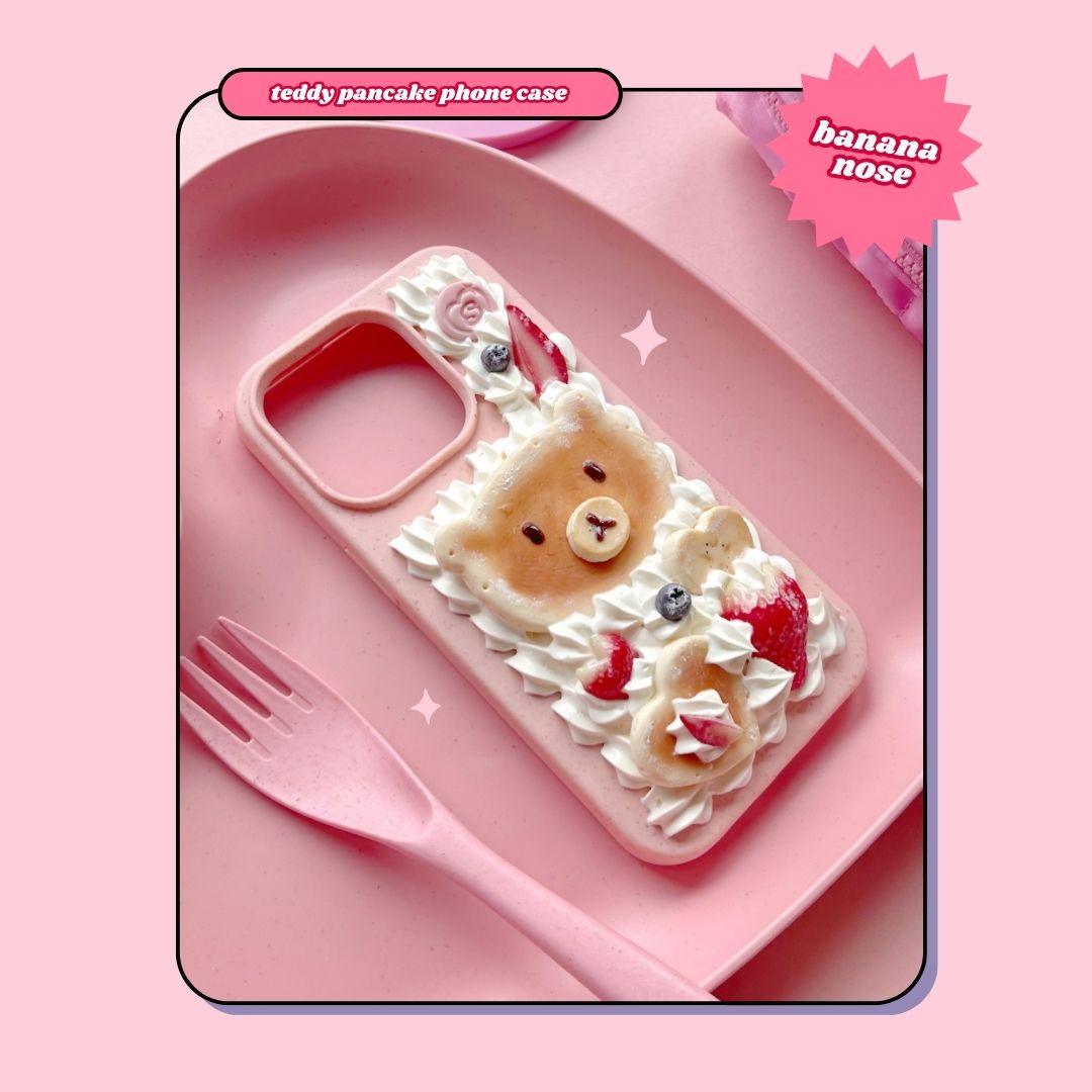 teddy bear pancake decoden phone case with heart shaped strawberries