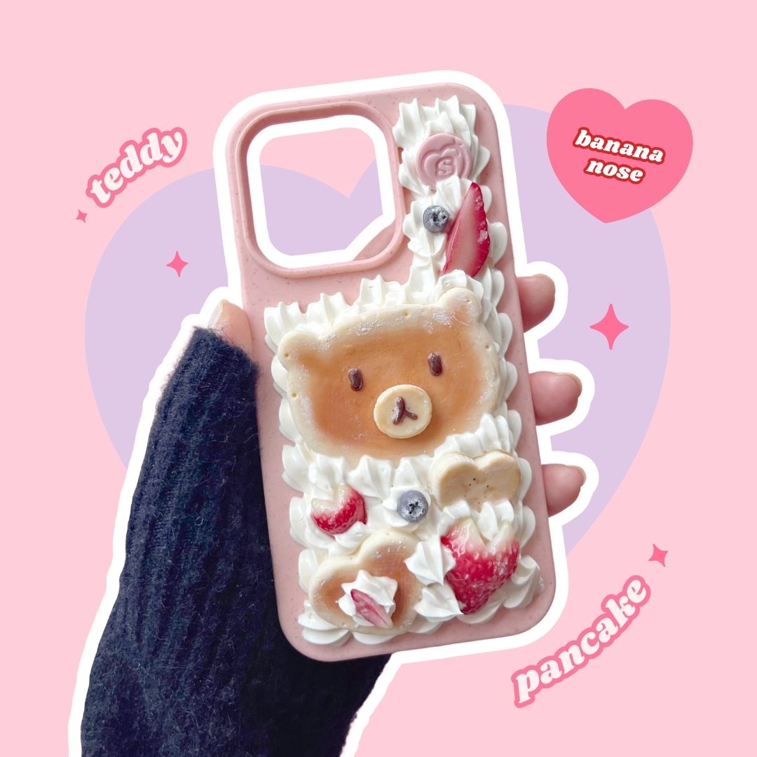 teddy bear pancake decoden phone case with heart shaped strawberries