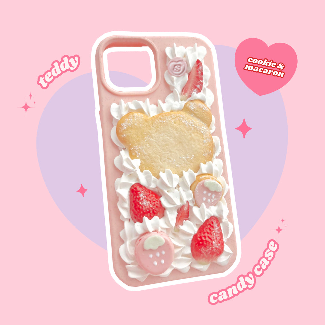 teddy bear candy sugar cookie strawberry macaron decoden phone case