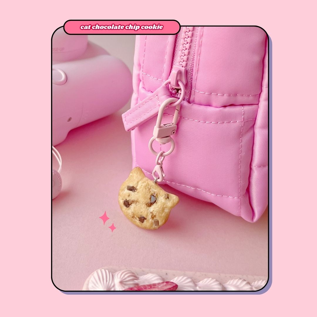 cat shaped chocolate chip cookie charm keyring with lobster clasp