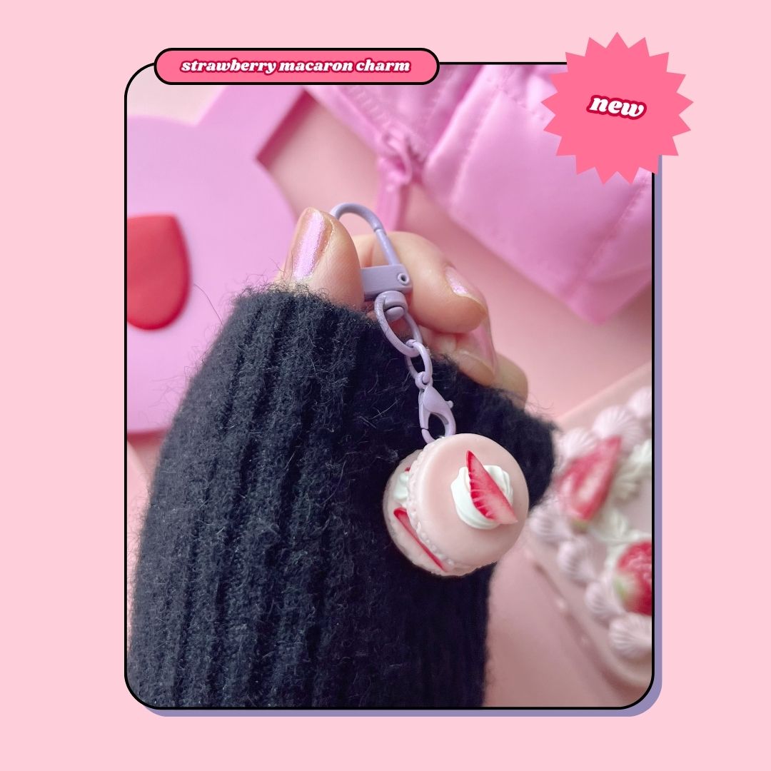 pink strawberry and whipped cream macaron keyring with lobster clasp