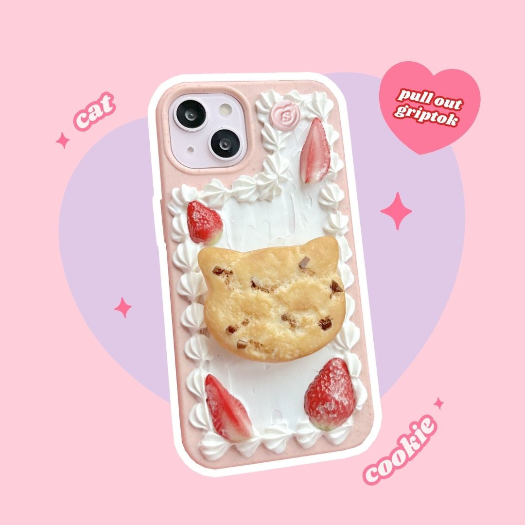 cat chocolate chip cookie pull out grip decoden phone case + keyring bundle