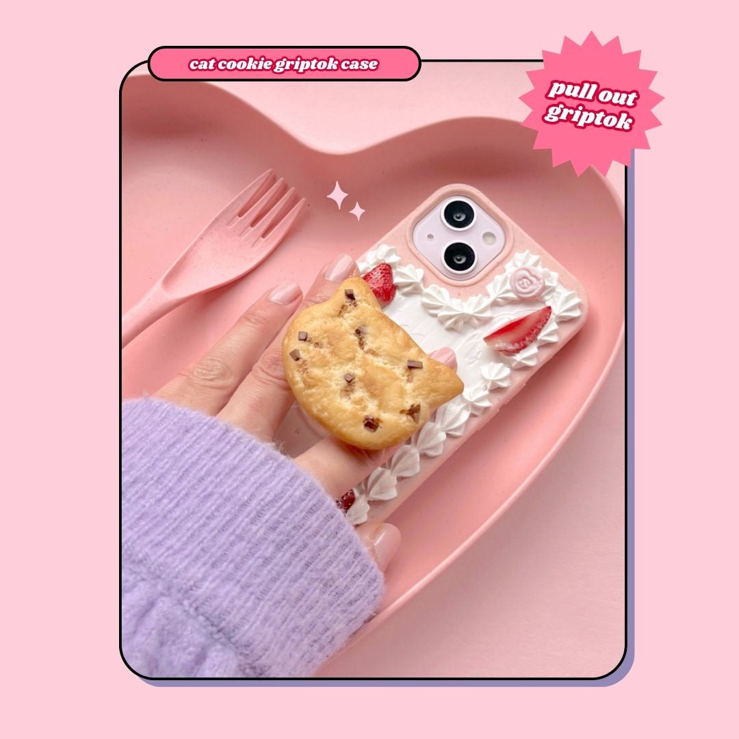 cat chocolate chip cookie pull out grip decoden phone case + keyring bundle