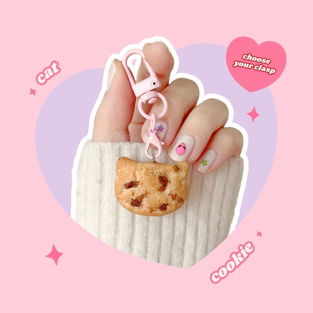 cat shaped chocolate chip cookie charm keyring with lobster clasp