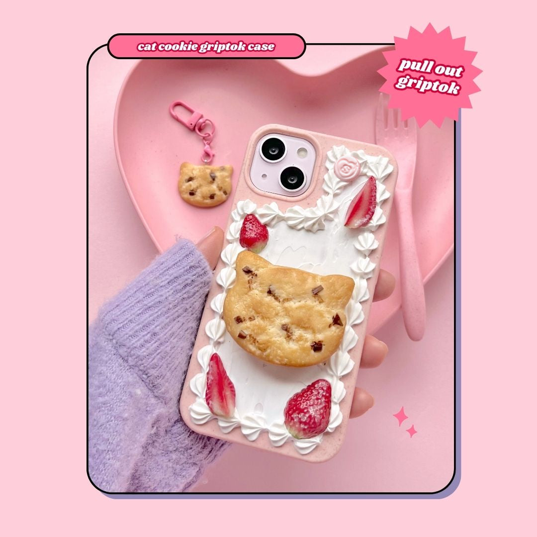 cat chocolate chip cookie pull out grip decoden phone case + keyring bundle