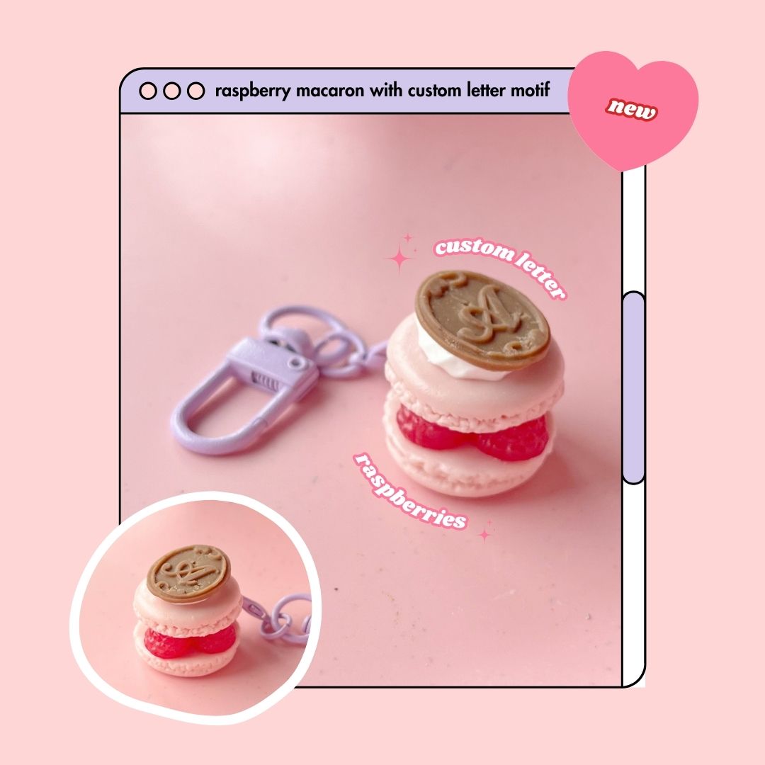 berry pink macaron keyring with custom letter chocolate motif